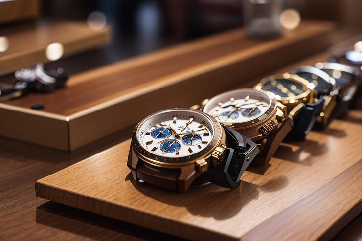 set luxury watches wooden board with classy defocused interior 839035 509863